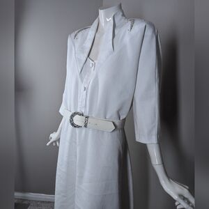 Vintage 80s White Belted Midi Dress Padded Shoulders Secretary Retro Dress